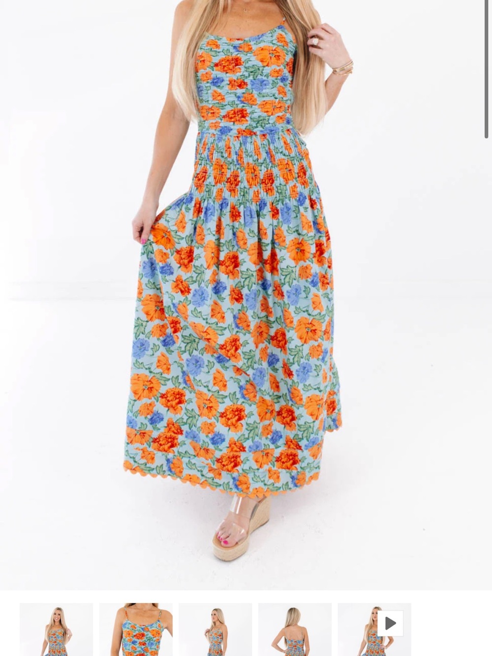 Floral Smocked Maxi Dress - Orange & Blue